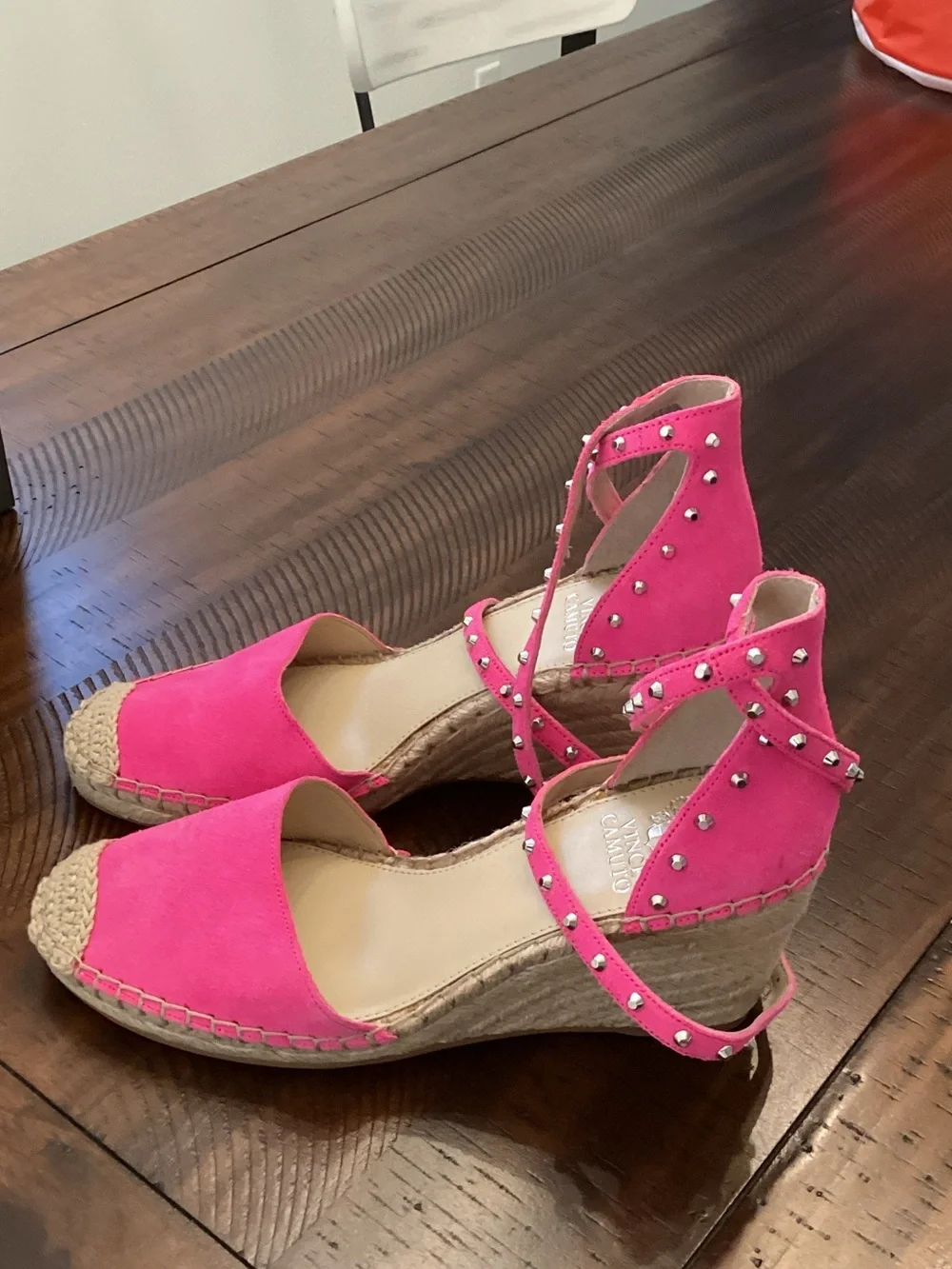 Vince Camuto Hot Pink Studded Ankle-Wrap Espadrille Wedges